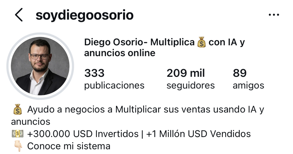 Perfil de Instagram de Diego Osorio con 209 mil seguidores